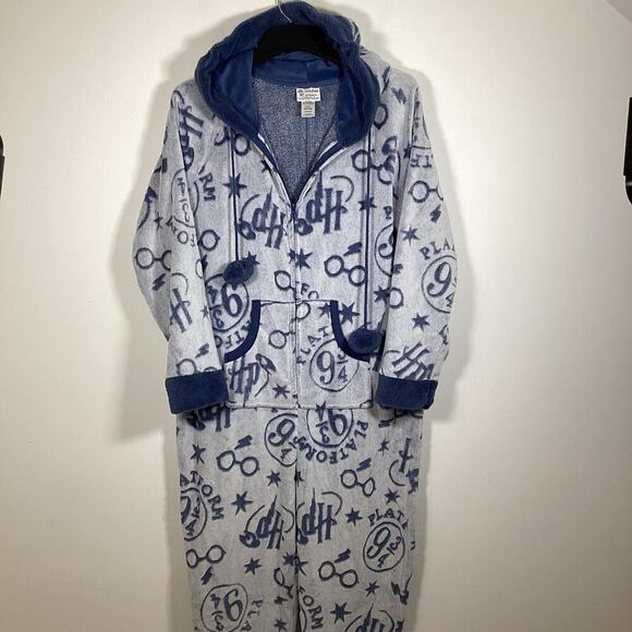 Harry Potter One-Piece Hooded Pajama Blue Large NWT Hogwarts Wizard PJs Lounge - Picture 2 of 10